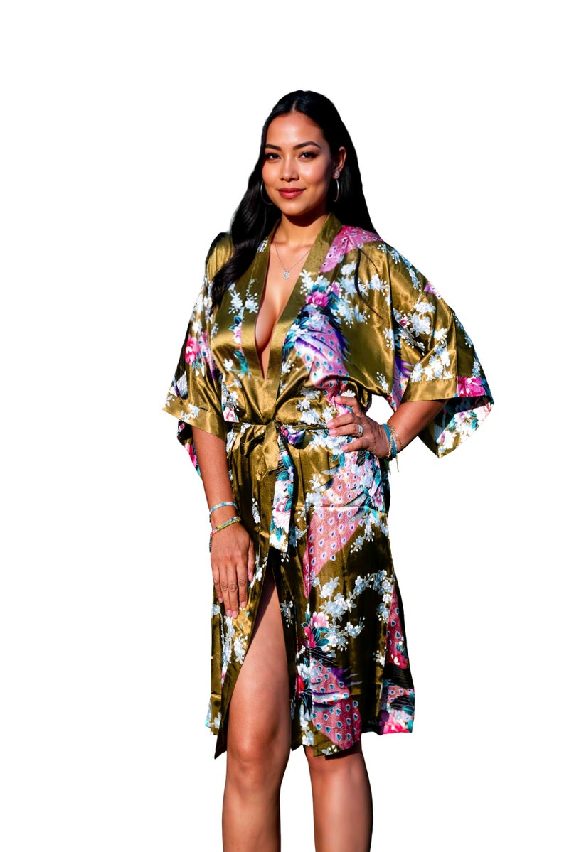 CCcollections Long Kimono Robe for Women, Premium Lightweight Peacock Bridesmaid Robe, Bridal Shower, Birthday Womenâ€™s Gift - Image 1